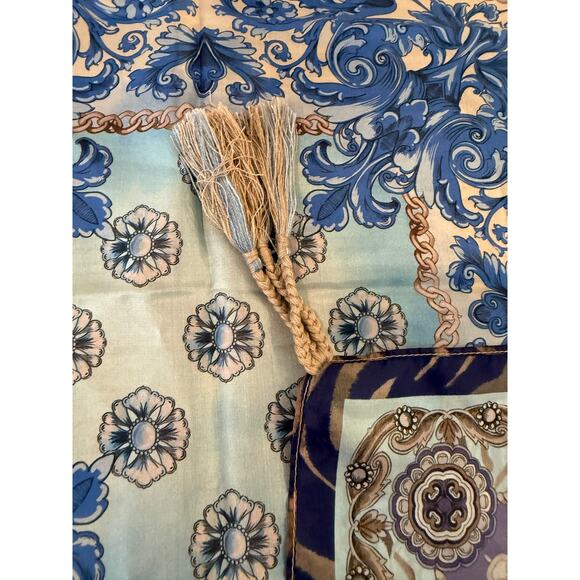 Johnny Was Valentin Silk Patchwork Tassel Detail Scarf Blue Taupe - Picture 6 of 9